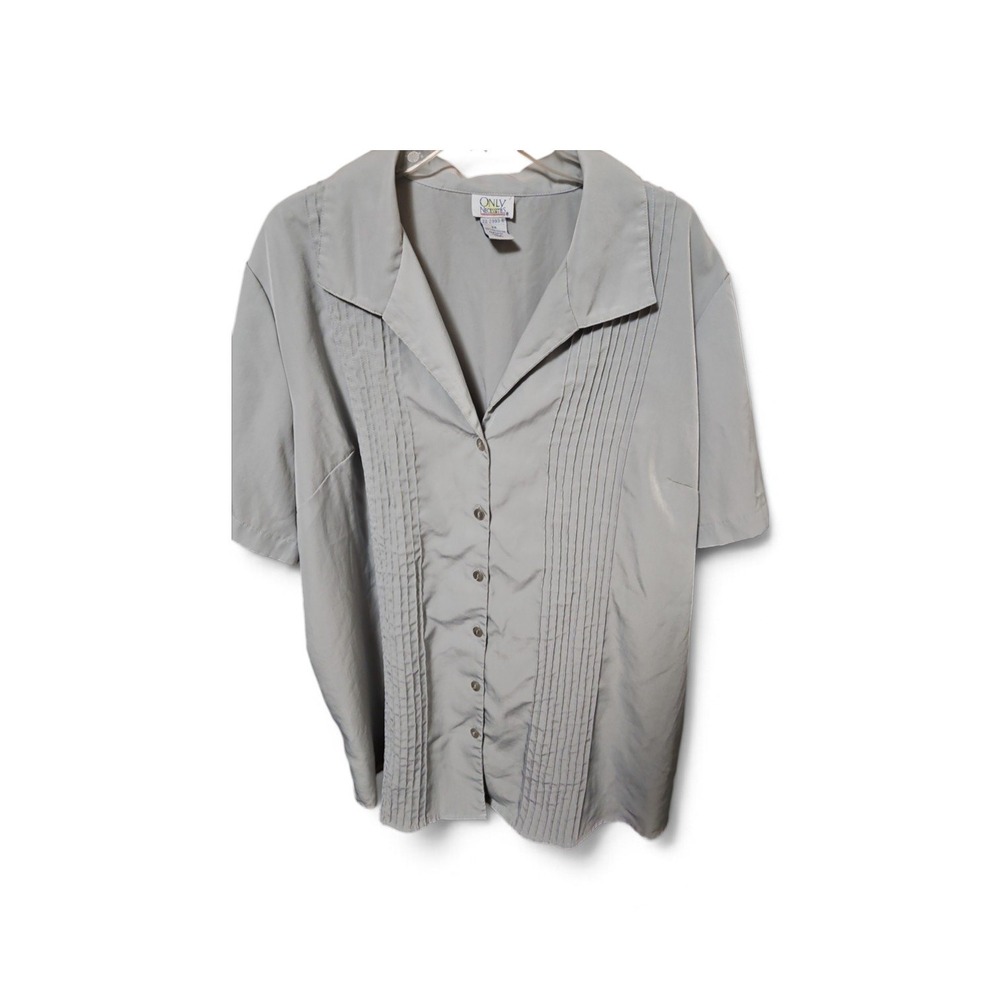 Only Necessities Womens 2X Gray Pintuck Short Sleeve Button Down Blouse